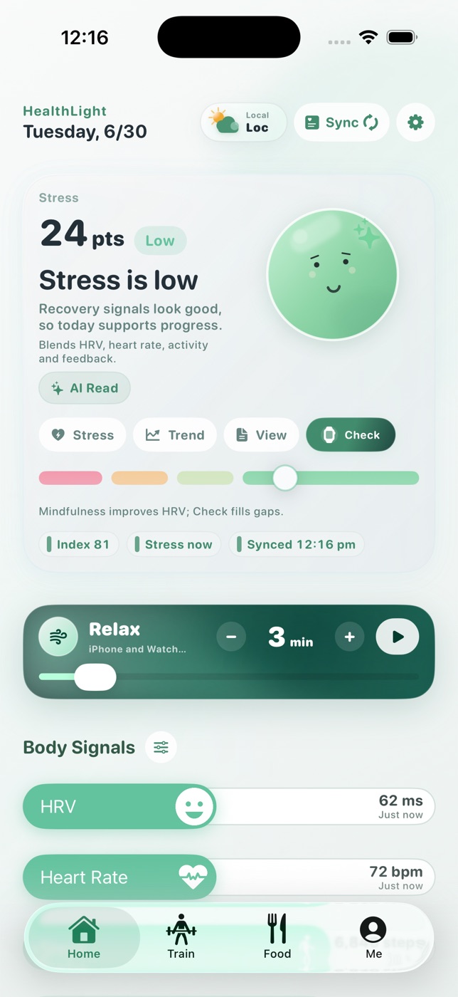واجهة HealthLight باللغة الإنجليزية الخفيفة تعرض إشارات الجسم على شكل شرائط